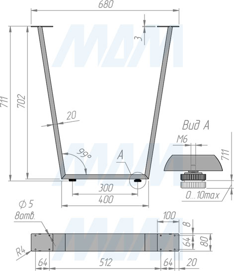 Размеры V-образной опоры для стола, сечение 80х20 мм, высота 711 мм, регулировка 10 мм (артикул V80X20/715)