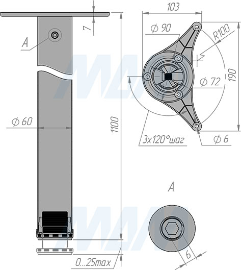 Размеры опоры для стола, диаметр 60 мм, высота 1100 мм, регулировка 25 мм (артикул X4RG 1100)