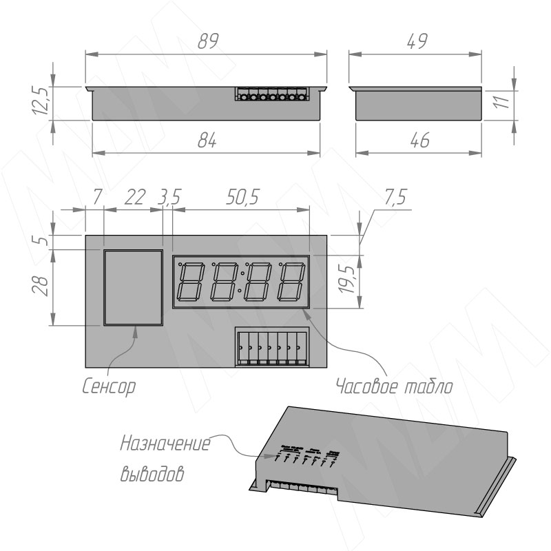 Выключатель сенсорный диммируемый, для зеркала, 1 кнопка, часы, 12/24V, 60/120W фото товара 5 - SW1-TS-MR-CL-1