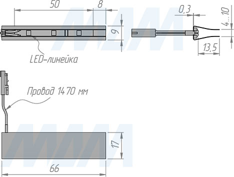 Размеры светодиодного светильника-клипсы CLIPSA для стеклянной полки 4-8 мм, 12V, 0,24W (артикул CL12-66NO)
