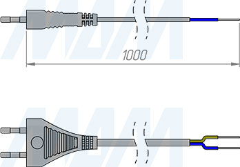 Размеры сетевого шнура длиной 1 м с вилкой S52 (артикул CWP-S-1-NO)