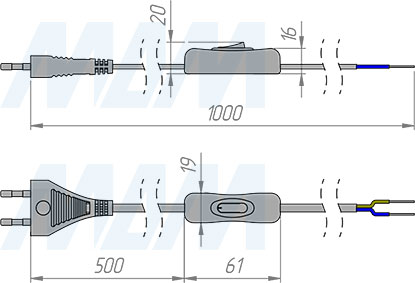 Размеры сетевого шнура  длиной 1 м с выключателем и вилкой S52 (артикул CWP-S-1-SW)