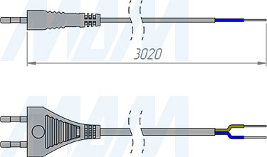 Размеры сетевого шнура длиной 3 м с вилкой S52 (артикул CWP-S-3-NO)
