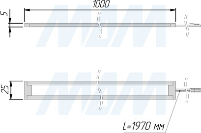 Размеры светодиодного светильника FINO 1000 мм без выключателя для подсветки под корпусом (артикул FI12-1000NO)