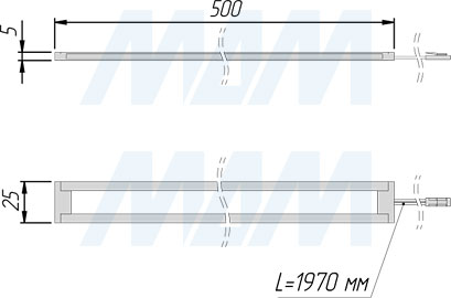 Размеры светодиодного светильника FINO 500 мм без выключателя для подсветки под корпусом (артикул FI12-500NO)