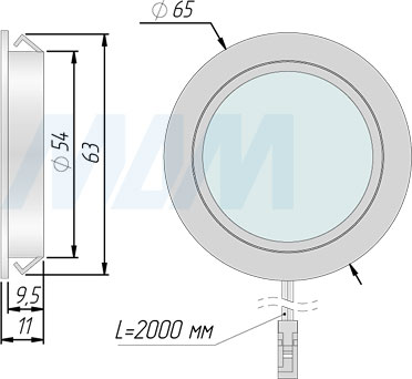 Размеры точечного круглого светодиодного светильника LUNA для врезного монтажа (артикул LN12)