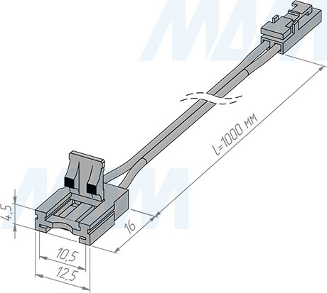 Размеры провода с разъемом LED для ленты 10 мм, папа-12V (артикул LSA-10-LED-12M)
