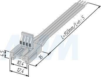 Размеры коннектора SLIM для ленты 10 мм RGB, к блоку питания, провод 150 мм (артикул LSA-10R4-SL-SP-15-20)