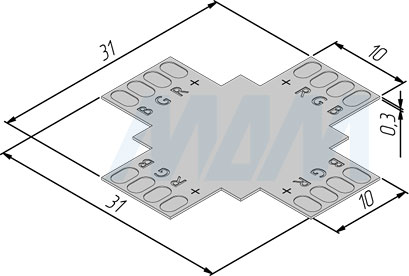 Размеры X-образного коннектора STRIP для светодиодной ленты RGB 10 мм (артикул LSA-10R4-SP-X)