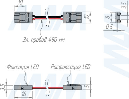 Размеры led-коннектора для светодиодной ленты SMD шириной 8 мм (артикул LSA-8-SC-SS-50)