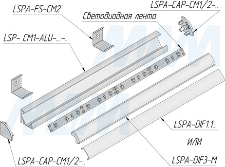 Установка углового профиля СМ1 17X17 мм для светодиодной ленты (артикул LSP-CM1-ALU)
