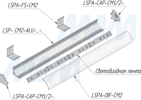 Установка углового профиля СМ2 16X16 мм для светодиодной ленты для овального рассеивателя (артикул LSP-CM2-ALU)