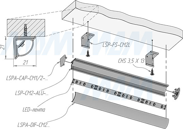 Установка углового профиля СМ2 16X16 мм для светодиодной ленты (артикул LSP-CM2-ALU)