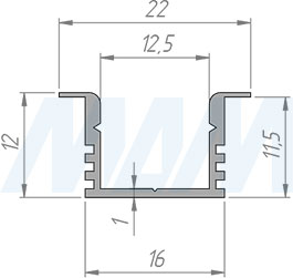 Размеры врезного профиля FМ2 22X12 мм увеличенной высоты для светодиодной ленты (артикул LSP-FM2-ALU)