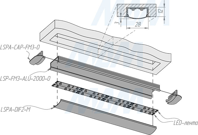 Установка врезного широкого профиля FМ3 34X12 мм для светодиодной ленты (артикул LSP-FM3-ALU)
