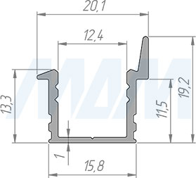 Размеры врезного профиля FМ6 20X19 мм со шторокой для светодиодной ленты (артикул LSP-FM6-ALU)