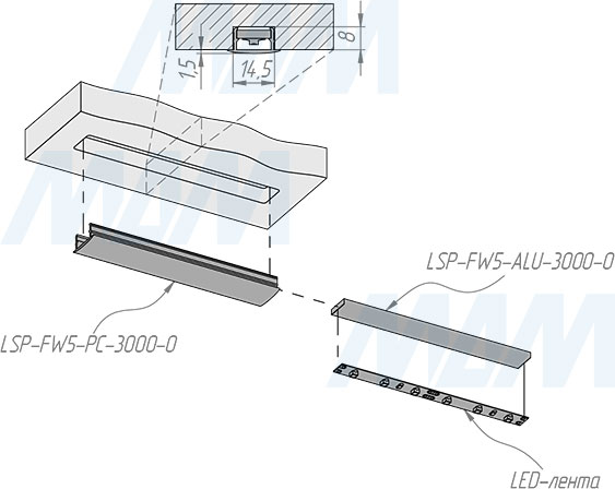 Установка врезного профиля FW5 для светодиодной ленты, 19,5х8,5 мм (артикул LSP-FW5-PC)