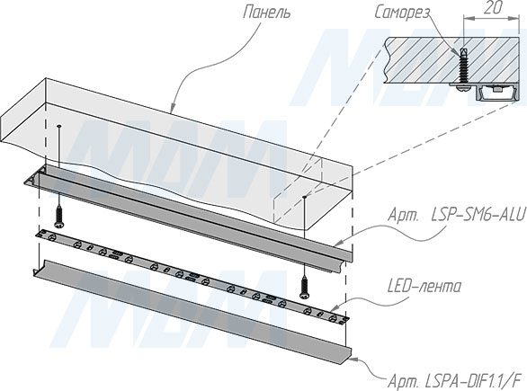 Установка накладного профиля SM6 24,5х6,2 мм для светодиодной ленты (артикул LSP-SM6-ALU)