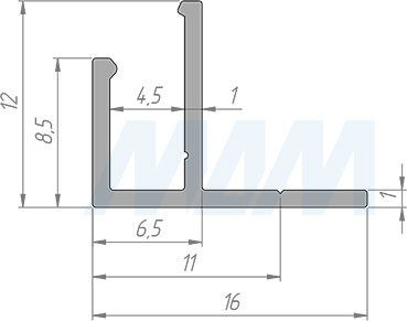 Размеры накладного профиля SM8 16х8,5мм ммдля узкой светодиодной ленты FLEX (артикул LSP-SM8-ALU)