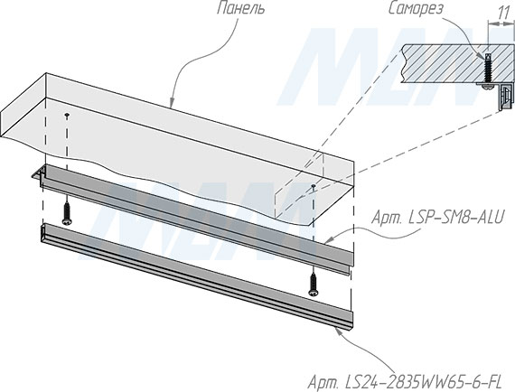 Установка накладного профиля SM8 16х8,5мм ммдля узкой светодиодной ленты FLEX (артикул LSP-SM8-ALU)