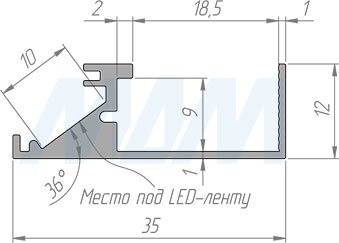 Размеры накладного профиля WD1 для светодиодной ленты для торцевой подсветки деревянной полки, 35х12 мм (артикул LSP-WD1-ALU)