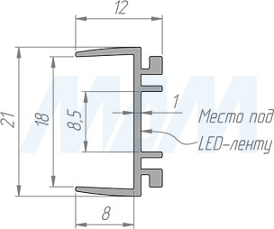 Размеры накладного профиля WD2 для светодиодной ленты для торцевой подсветки деревянной полки, 12х21 мм (артикул LSP-WD2-ALU)