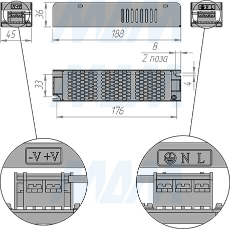 Размеры блока питания SLIM AC-230, DC-12V и DC-24V, IP20, 100W (артикул PS12-IP20-SL-100W и PS24-IP20-SL-100W)
