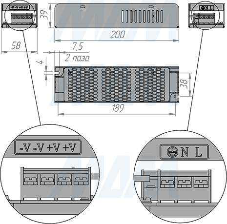 Размеры блока питания SLIM AC-230, DC-12V и DC-24V, IP20, 150W (артикул PS12-IP20-SL-150W и PS24-IP20-SL-150W)