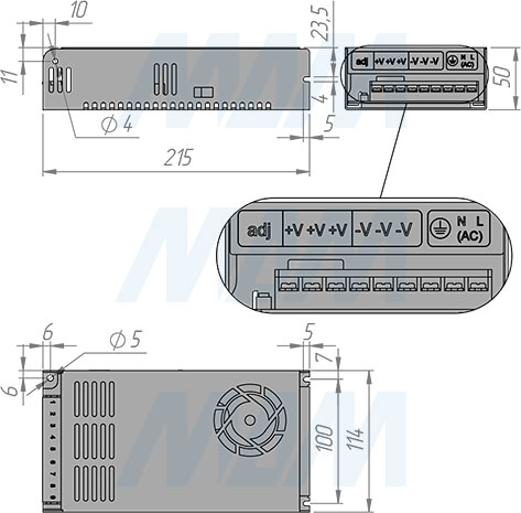 Размеры блока питания STANDART AC-230, DC-12V и DC-24V, IP20, 360W (артикул PS12-IP20-ST-360W и PS24-IP20-ST-360W)