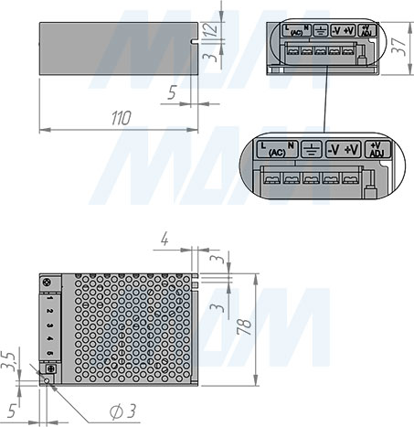 Размеры блока питания STANDART AC-230, DC-12V и DC-24V, IP20, 60W (артикул PS12-IP20-ST-60W и PS24-IP20-ST-60W)