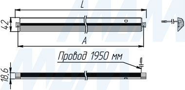 Размеры светодиодного светильника RAM с ИК-выключателем (IR) длиной  900 мм (артикул RM12-900IR)