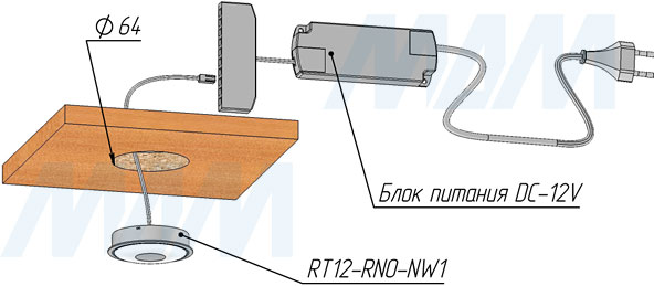 Установка точечного врезного круглого светодиодного светильника ROTO (артикул RT12-RNO)