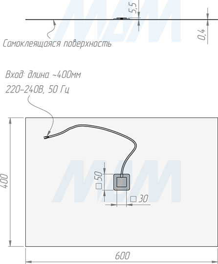 Размеры обогревательного листа для зеркала, 400x600 мм, 220V, 60W (артикул SW-WML-MR-60W)