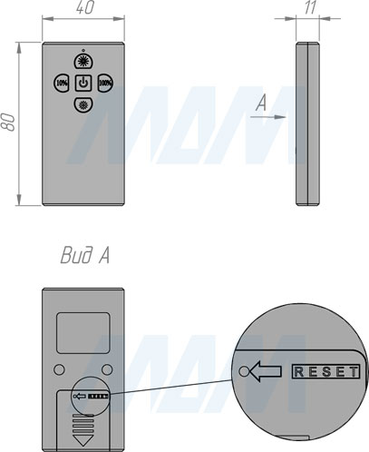 Размеры дистанционного пульта беспроводного диммируемого выключателя, 12/24V, 60/120W (артикул SW1-RC-REM-1)