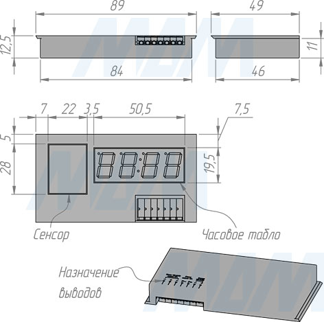 Размеры сенсорного диммируемого выключателя для зеркала с 1 кнопкой и с часами, 12/24V, 60/120W (артикул SW1-TS-MR-CL-1)