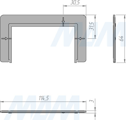 Размеры планки для монтажа сенсорного диммируемого выключателя для зеркала с 1 кнопкой и с часами, 12/24V, 60/120W (артикул SW1-TS-MR-CL-1)