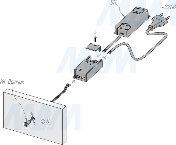 Врезной монтаж инфракрасного (IR) выключателя на преграду (артикул SW2-DS-FM-1BL)