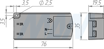 Размеры контроллера инфракрасного (IR) выключателя на преграду с 2 датчиками (артикул SW2-DS-FM-2BL)