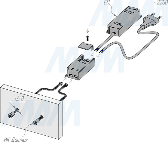 Врезной монтаж инфракрасного (IR) выключателя на преграду с 2 датчиками (артикул SW2-DS-FM-2BL)
