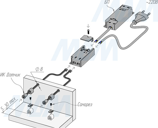 Накладной монтаж инфракрасного (IR) выключателя на преграду с 2 датчиками (артикул SW2-DS-FM-2BL)