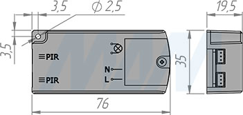 Размеры контроллера инфракрасного (IR) выключателя на движение с 2 датчиками (артикул SW2-PIR-2BL)