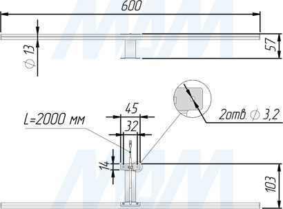 Размеры светодиодного светильника TUBE 600 мм для верхней подсветки (артикул TB12-600NO)