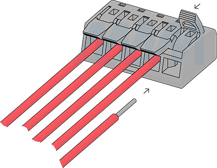 Установка клеммы 221 с рычажком, 5 портов, для провода 0,5-4 кв. мм, ток 16 А (артикул TE-221-X5-1)