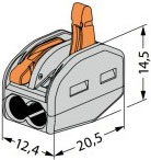 Размеры двойной клеммы 222 с рычажком, для проводов 0,08-4 кв. мм, ток 32 A (артикул WA-222-412)