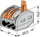 Размеры тройной клеммы 222 с рычажком, для проводов 0,08-4 кв. мм, ток 32 A (артикул WA-222-413)