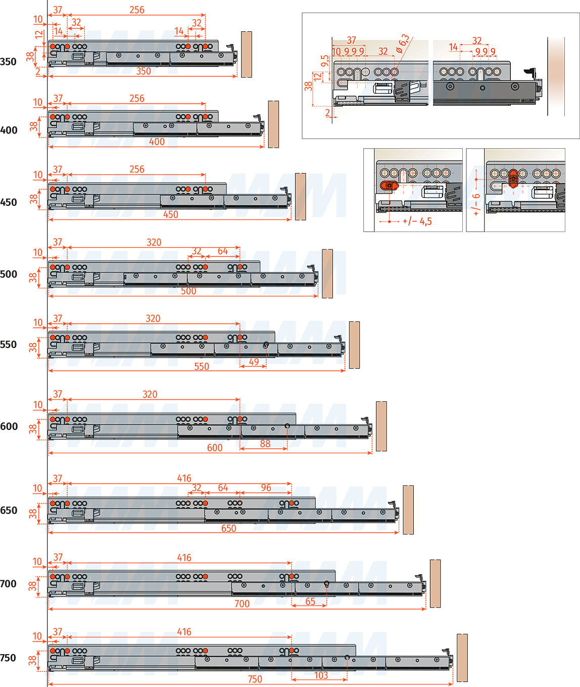 Установка направляющих F70 скрытого монтажа, полного выдвижения (артикул G7E6 XXB-S), схема 1