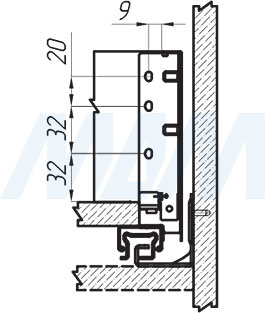 Присадочные размеры для задней стенки при установке ящика LS BOX высотой 120 мм (артикул LS120)
