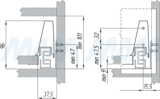 Присадочные размеры для фасада при установке стандартного ящика M-TECH (артикул MT.S), чертеж 1