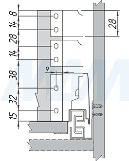 Присадочные размеры для задней стенки при установке стандартного ящика M-TECH с двойным рейлингом (артикул STR.HSD)