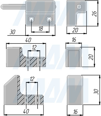 Размеры фиксатора для 2-х распашных дверей (артикул 1483.610)